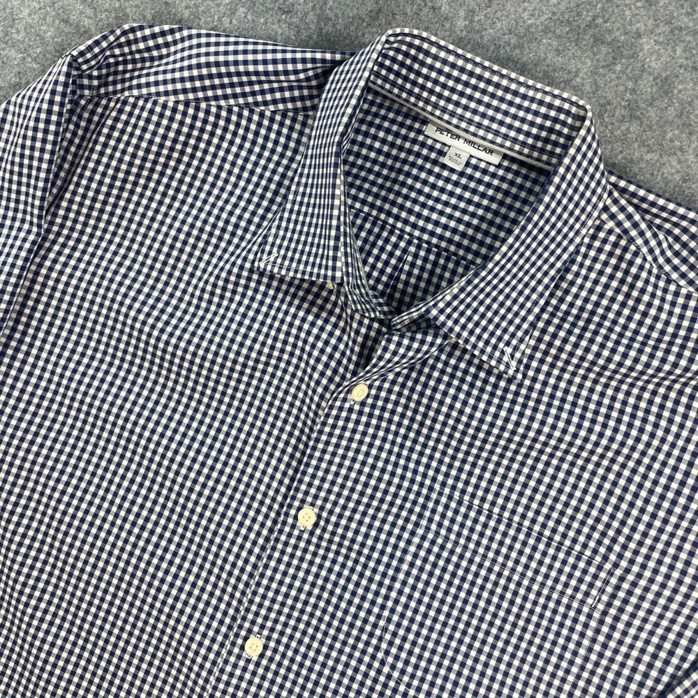Peter Millar Mens Button Down Shirt XL Navy Blue & White Gingham Long Sleeve